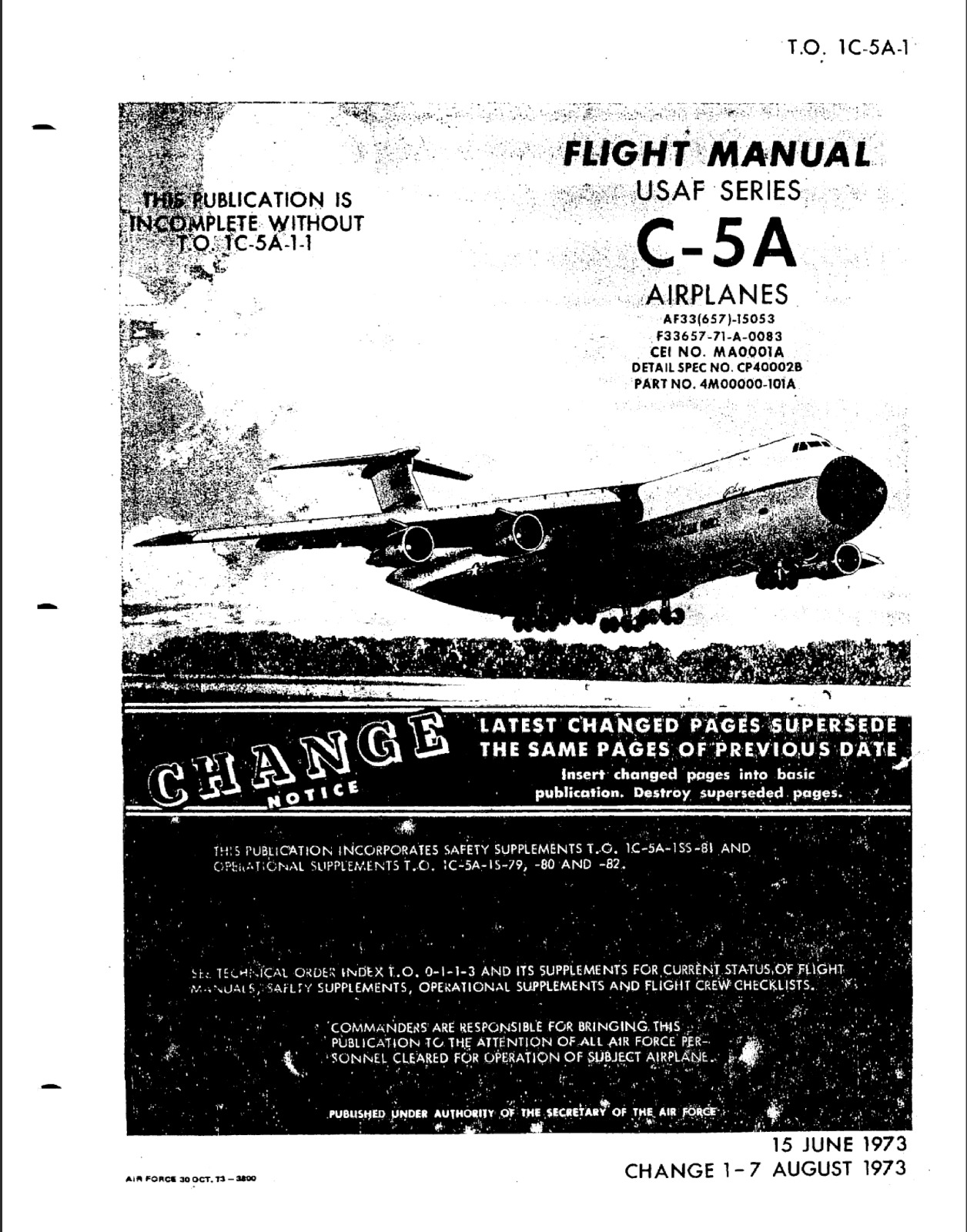 989 Page August 1973 U.S. C-5 C-5A Galaxy T.O. 1C-5A-1 Flight Manual on Data CD