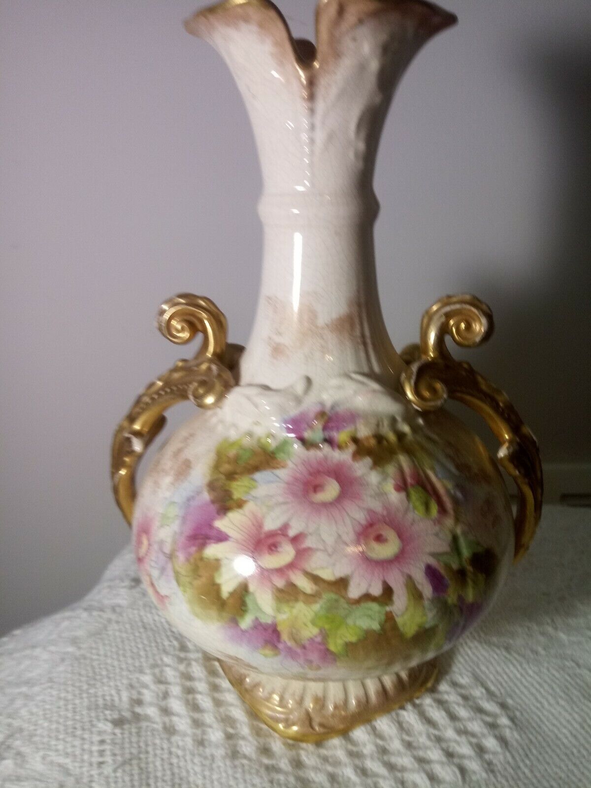 Antique Adderley England 19c Large Vase Hand Painted Floral Gilt Handle