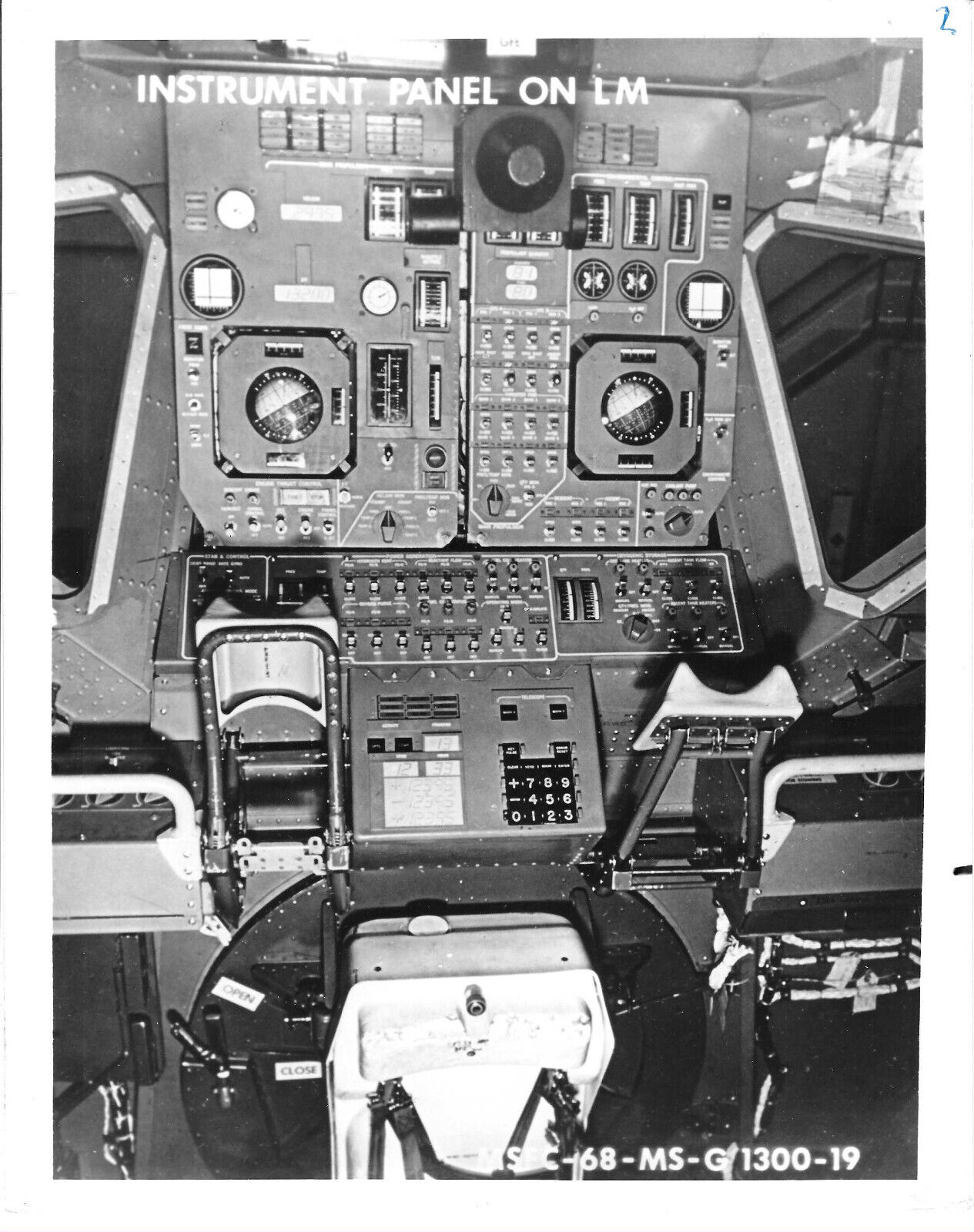 B&W NASA photo showing the instrument panel on the Lunar Module, 1968