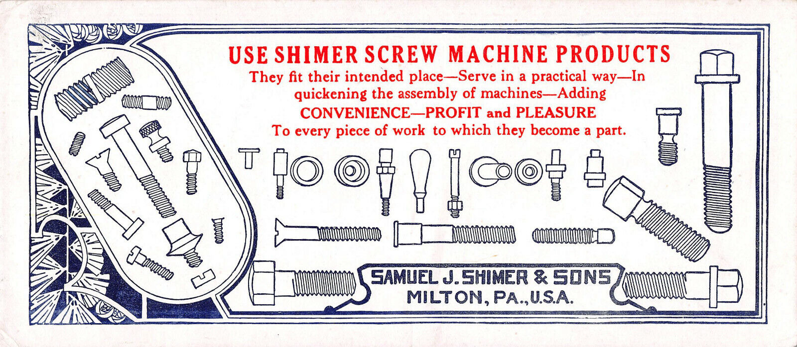 Shimer Screw Machine Products, Circa 1920's-1930's Ink Blotter, Unused