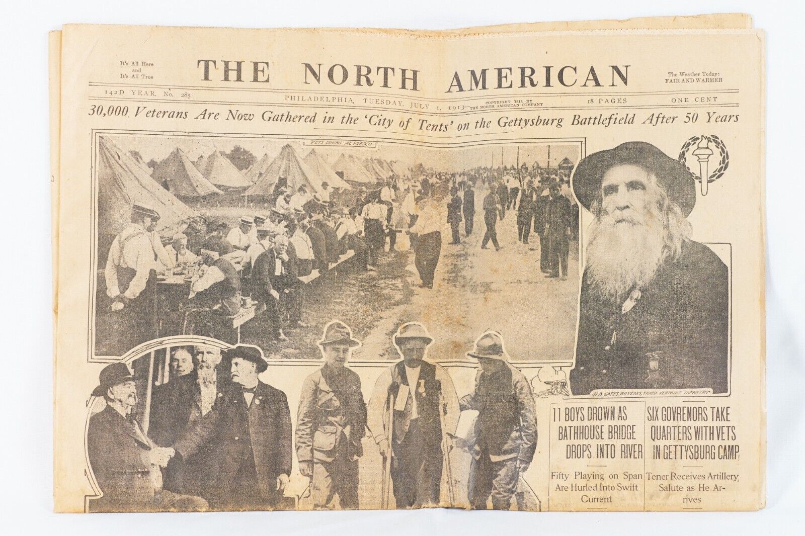 July 1st 1913 The North American Newspaper Gettysburg 30K Veterans 50th Reunion