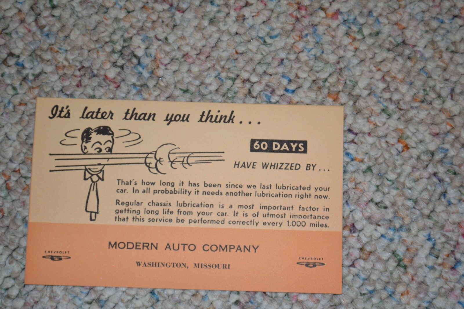 VINTAGE 1950\'s AUTOMOTIVE MAIL SERVICE CARD FROM MODERN AUTO 60 DAY LUBE SERVICE