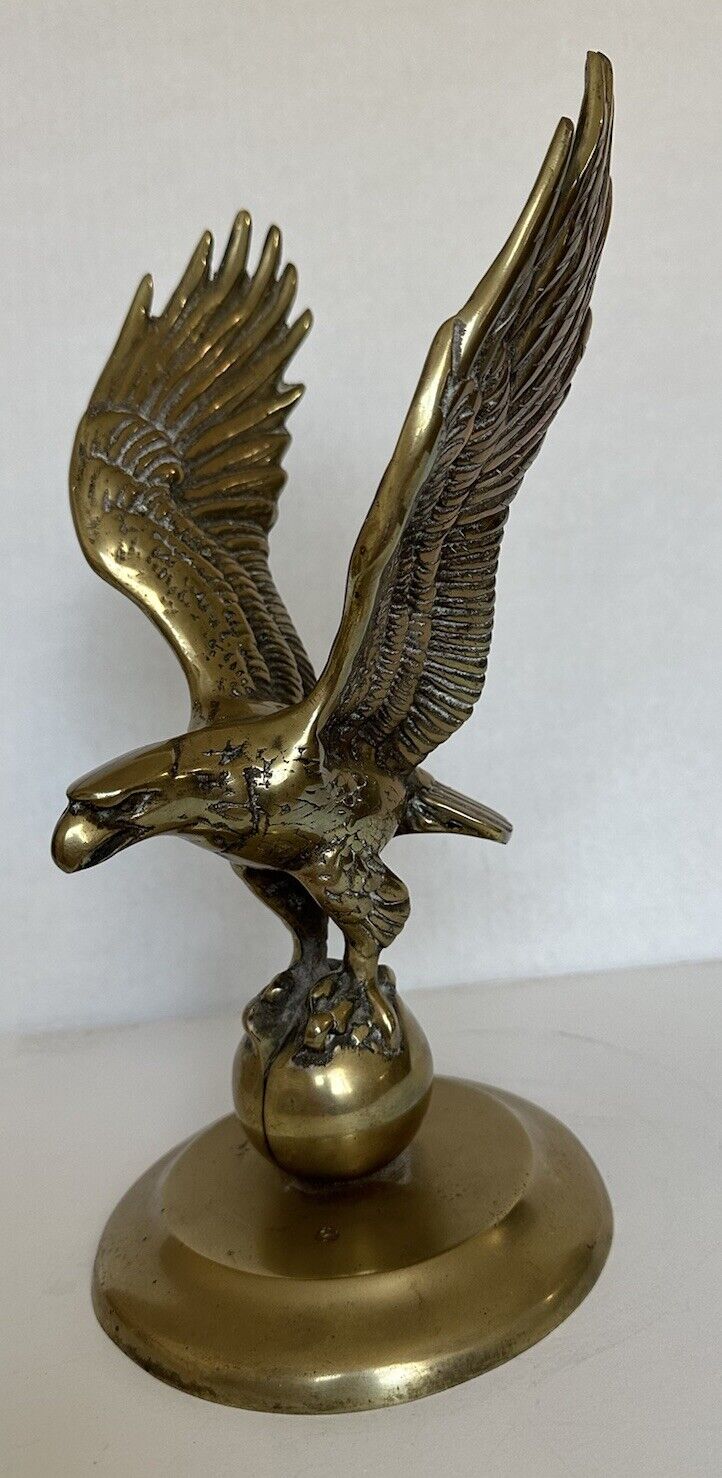 Vintage Polished  Brass American Bald Eagle On Orb Statue Figurine  12in x 7in