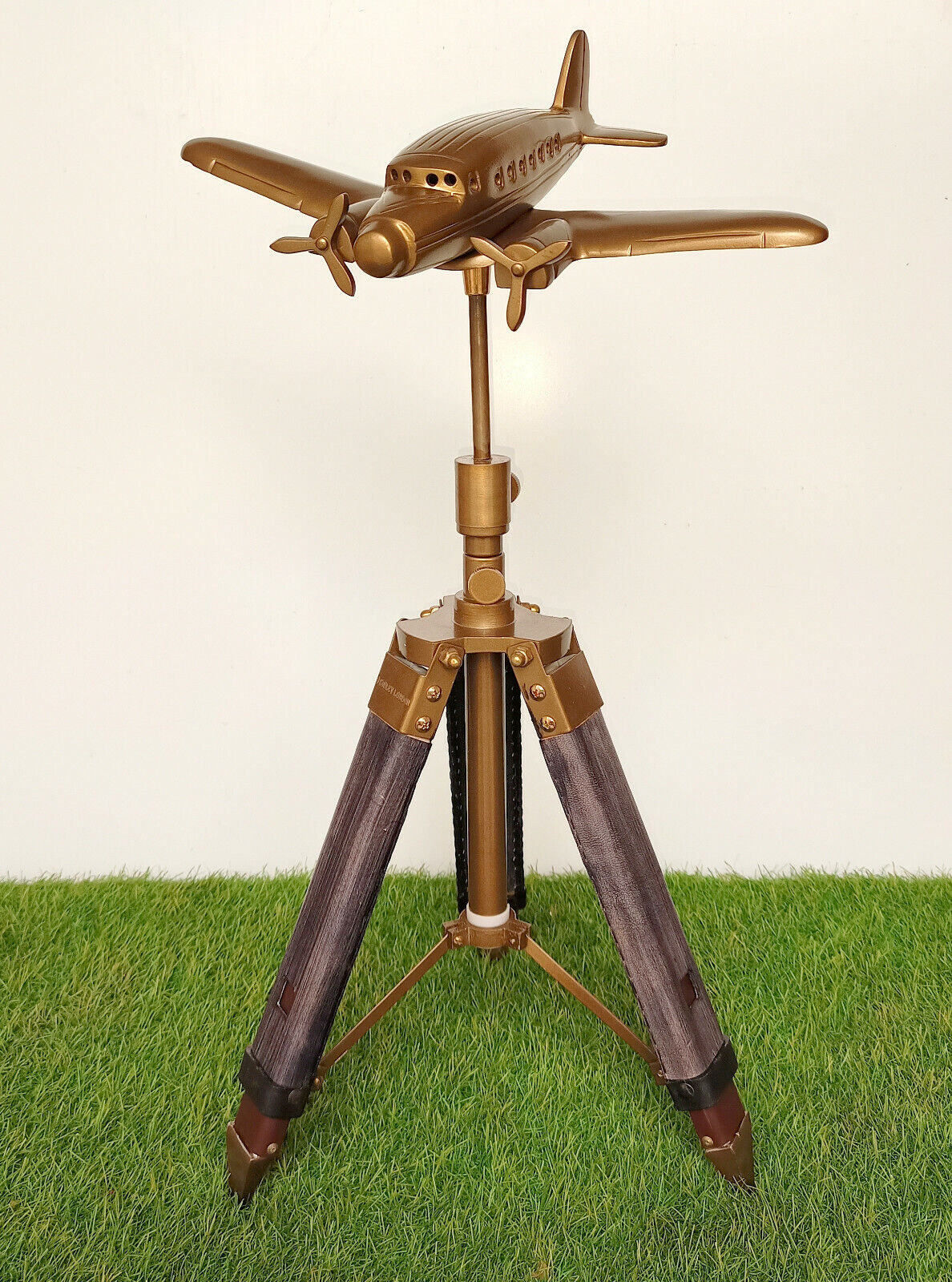 Airplane Model 2 Propellers Metal Aircraft Model On Leather Tripod Stand Vintage