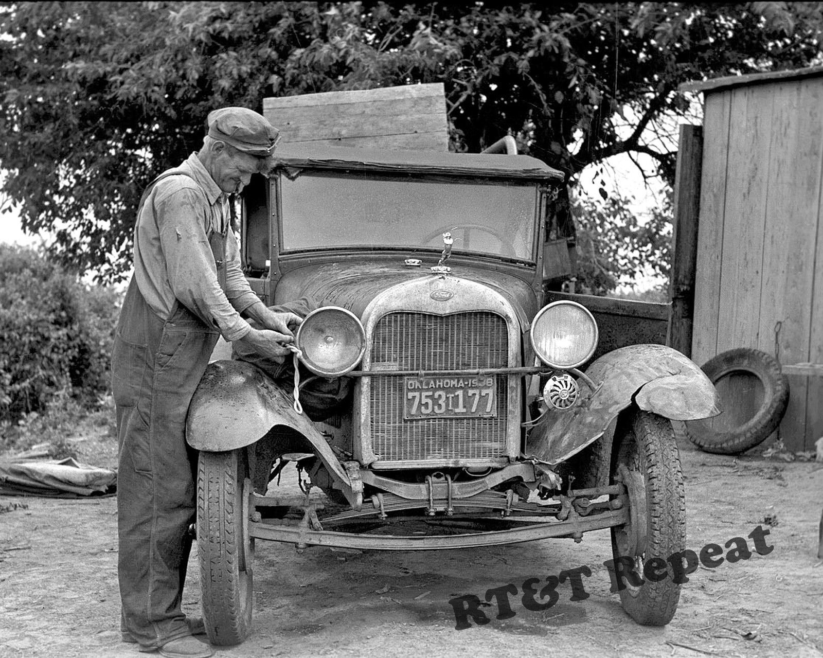 Photograph of Elmer Thomas Migrant Worker & His Ford Oklahoma Year 1938   8x10