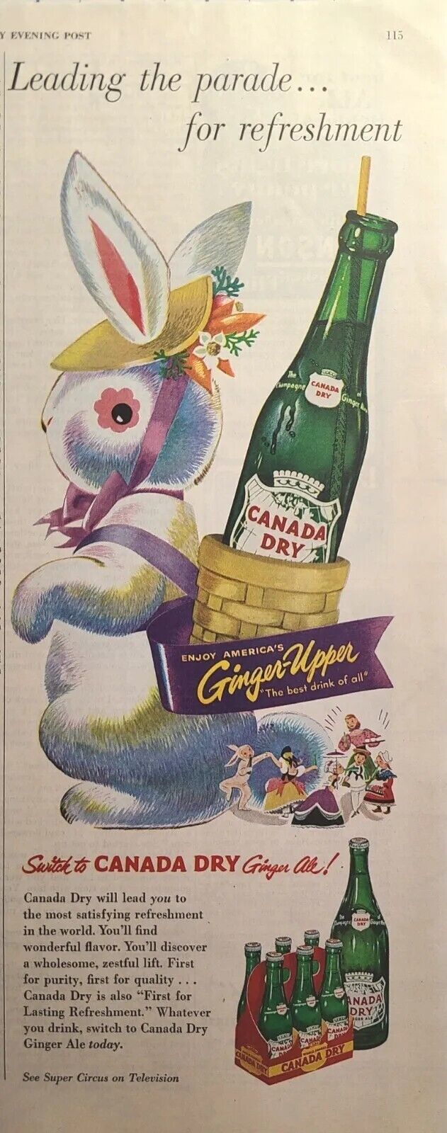 Canada Dry Ginger Ale Ginger-Upper Easter Bunny Rabbit Vintage Print Ad 1952