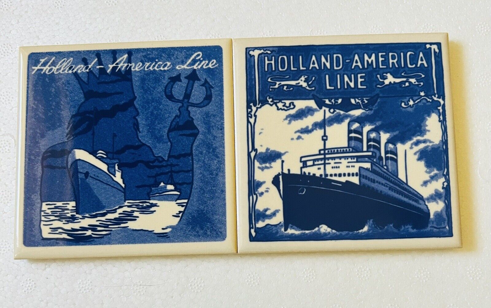Blue & White Holland America Line Delft Tile Coasters w/Cork Bottoms~Set of 2