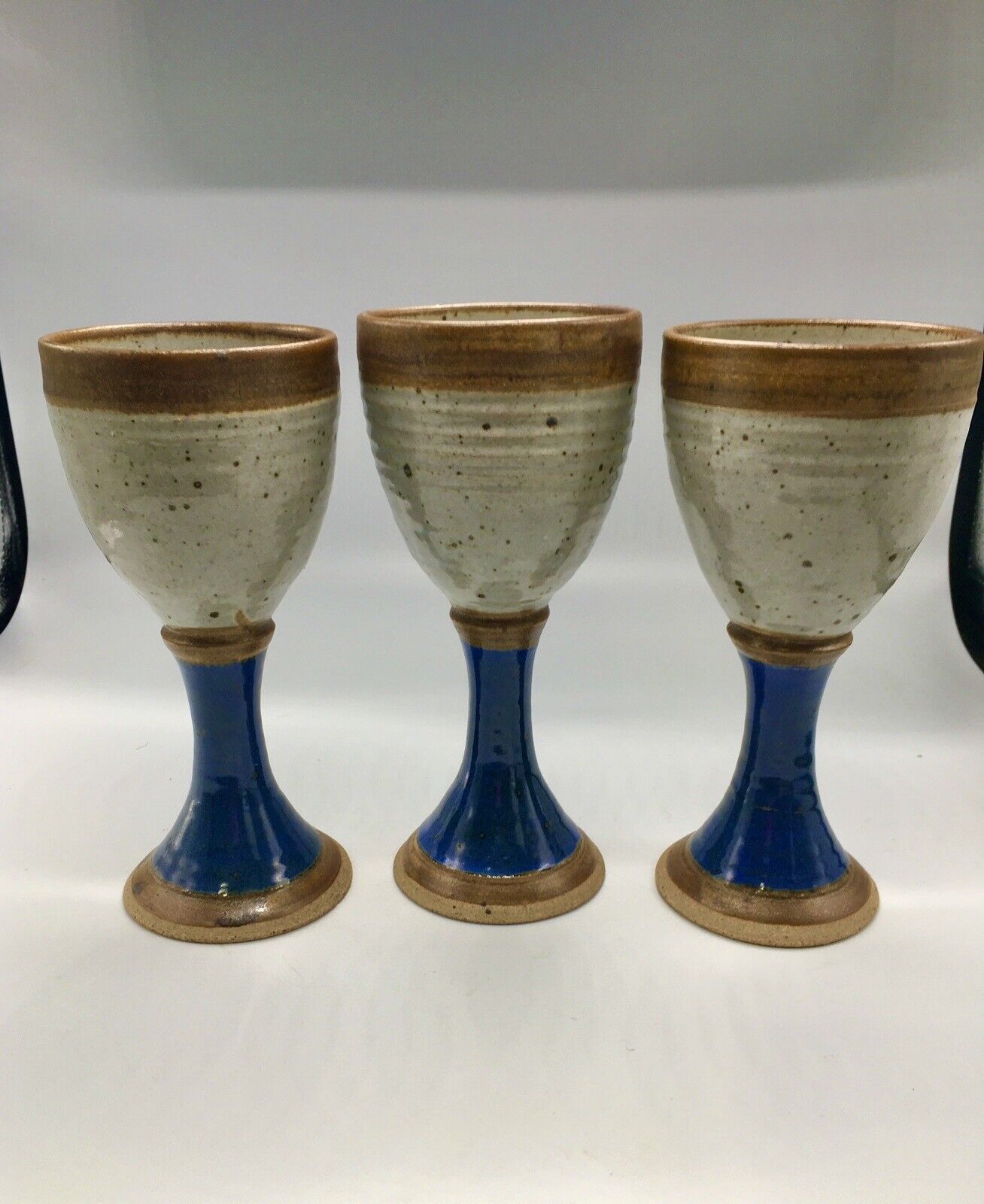 RARE 3 VTG Signed Terry Grimley, Germany Handmade Art Pottery Wine Goblets 7x3”