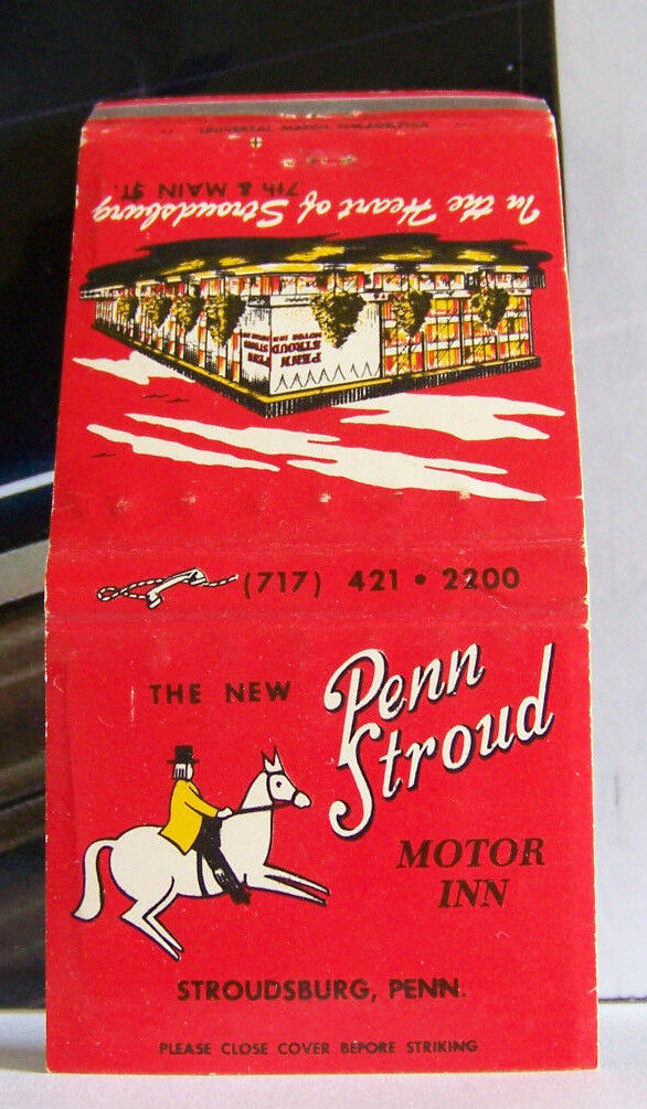 Rare Vintage Matchbook Cover Stroudsburg Pennsylvania Motor Inn + Horse Rider A1
