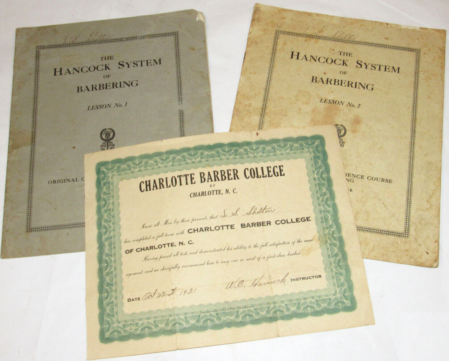 VTG 1921 CHARLOTTE, NC BARBER COLLEGE DIPLOMA & BARBER SHOP COURSE BOOKS/SHAVING