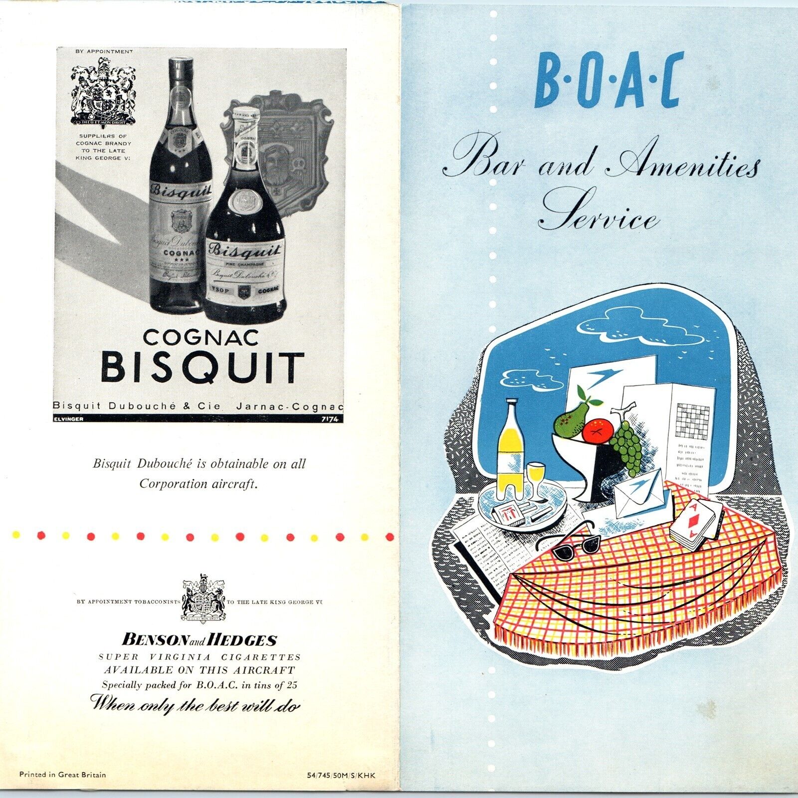 c1950s British Oversea Airways Bar Amenities Menu BOAC Cigarettes Ad Airline 3L