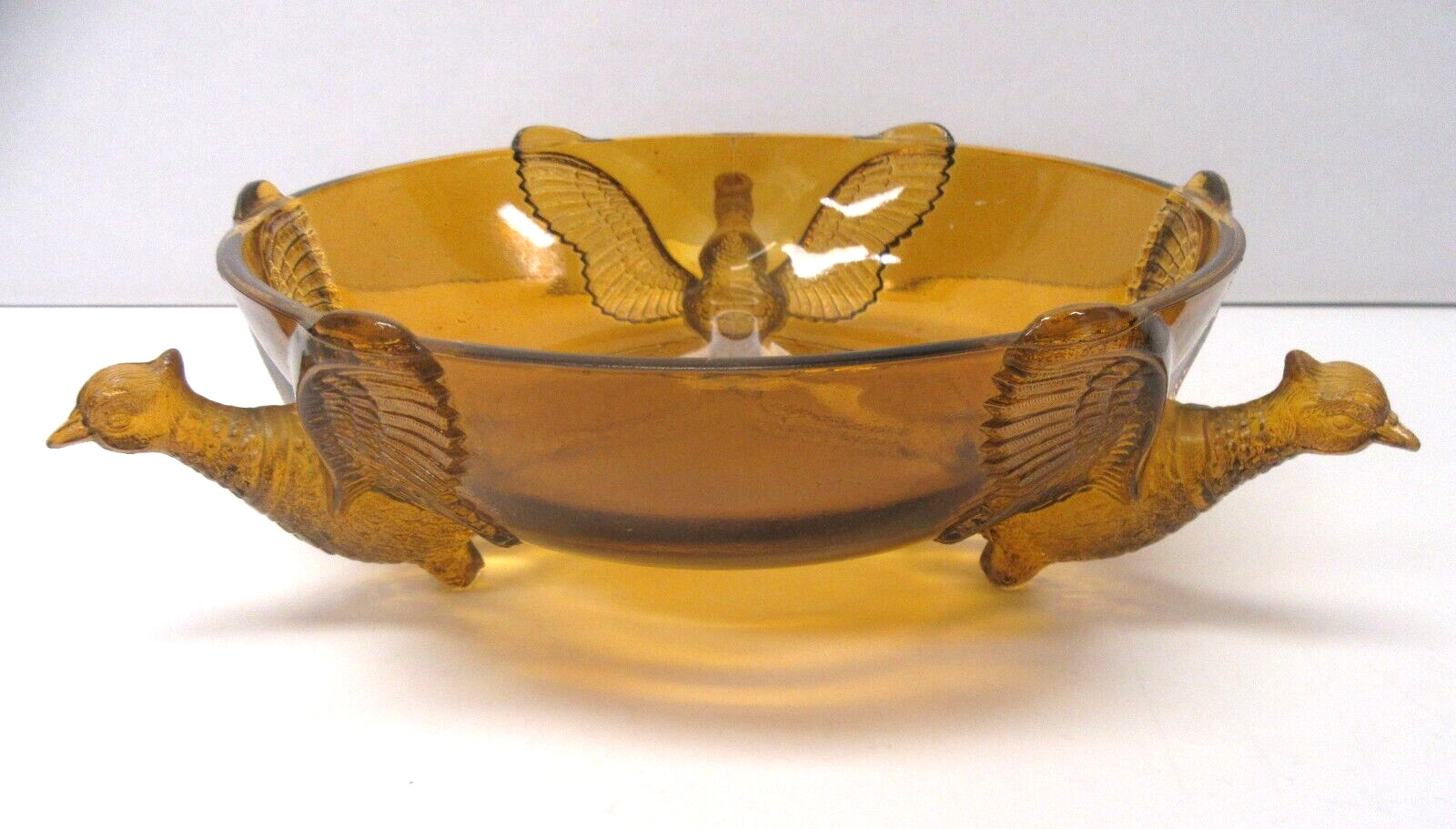 Vintage Mid Century Amber Glass 3-Footed Pheasant Bowl V Nice Example LOOK 