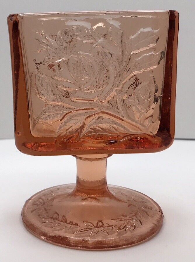 Vintage Tiara Glass Square Pedestal Vase Card Holder Coral Rose 4”