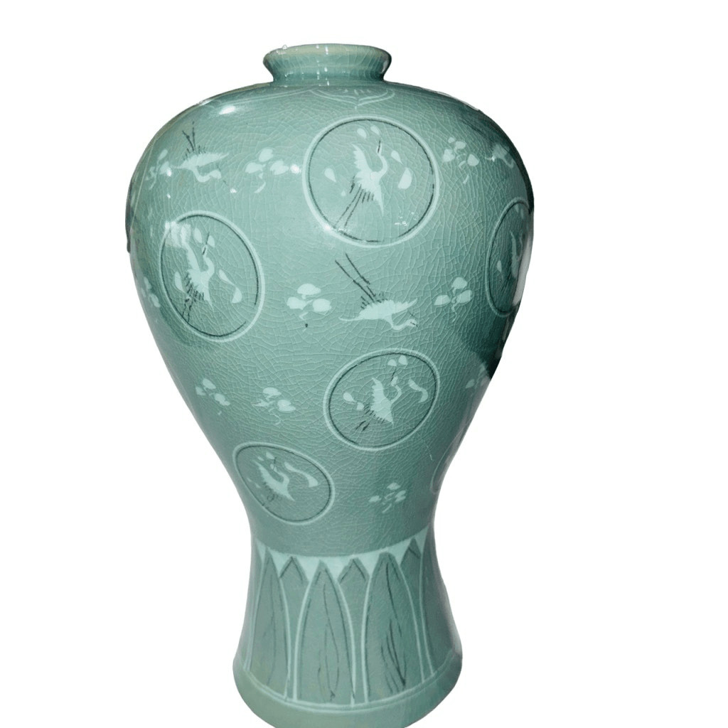 Crackle Korean Celadon Meiping Porcelain Plum Vase Cranes in Flight Vintage Larg