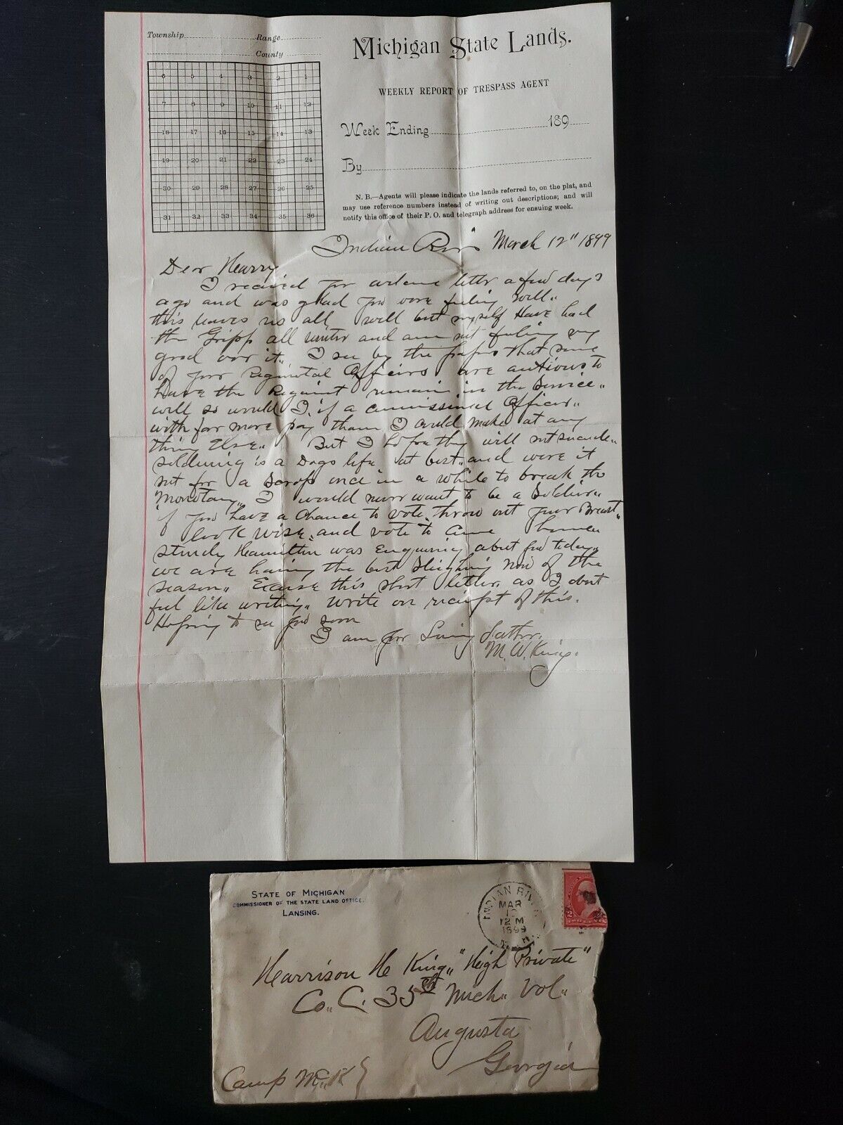 Rare 1899 State Of Michigan Land Office Lansing Trespass Agent Plat Letter