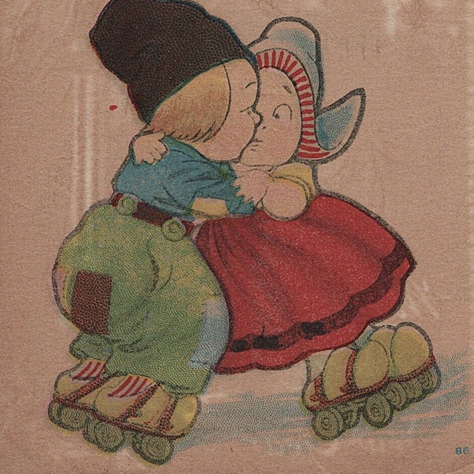 Antique 1916 East Aurora NY Postcard Vtg Roller Skating Kids Couple Rink Pennant