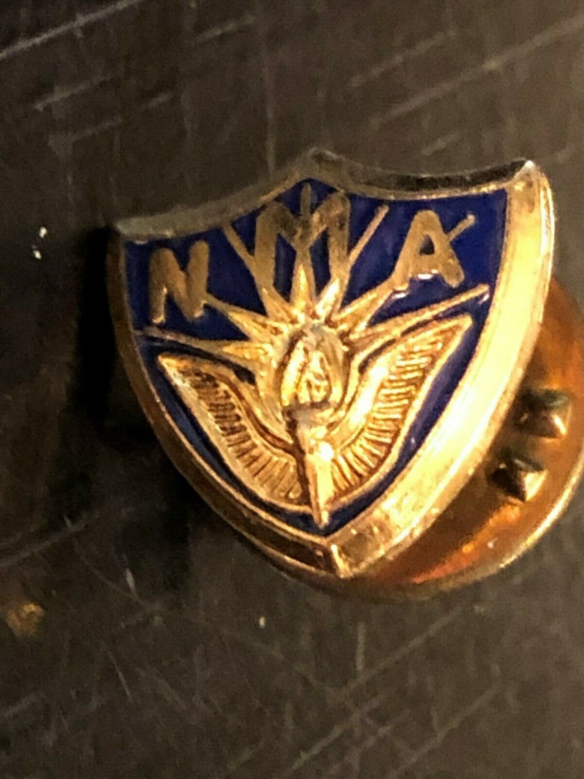 Vintage NMA Crest Pinback Lapel Pin Hat Pin Gold Tone Metal Enameled