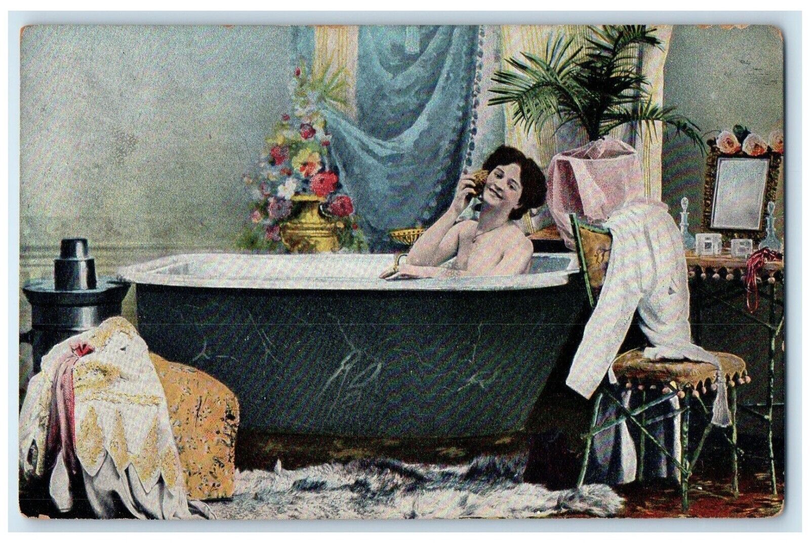c1910's Pretty Woman Bathing In A Bath Tub Scrubbing Unposted Antique Postcard