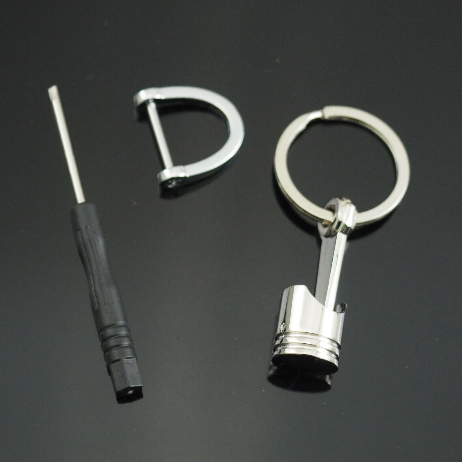 Small Piston Keychain Car Fob Holder D-Ring Buckle 3D Keyring Key Chain - Chrome
