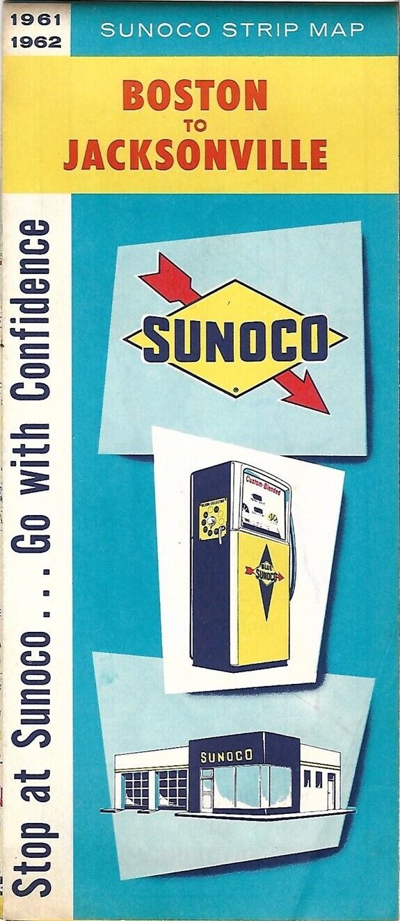 1961 SUNOCO Strip Map BOSTON TO JACKSONVILLE Florida Blend-O-Matic Gas Pump