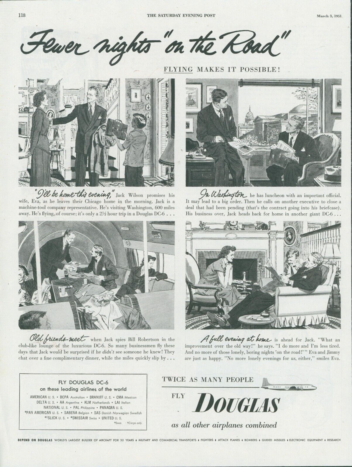 1951 Douglas DC-6 Defend Fewer Nights On Road Businessmen Vintage Print Ad SP19
