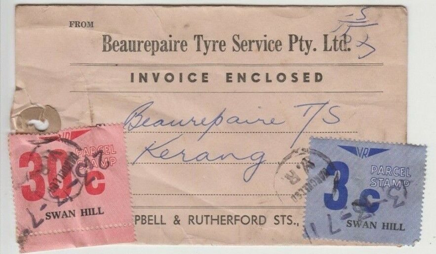 Railway parcel stamp 30c & 3c Swan Hill station Victoria Beaurepaire Tyres cover