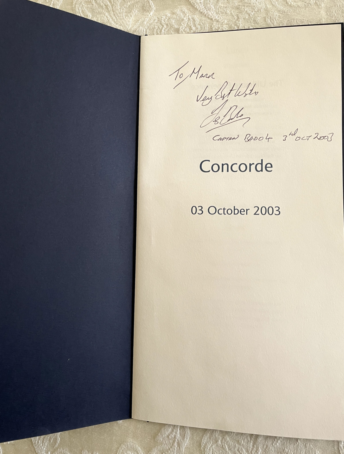 Vintage CONCORDE British Airways MENU  Oct 3 2003 - Signed by Captain BA004