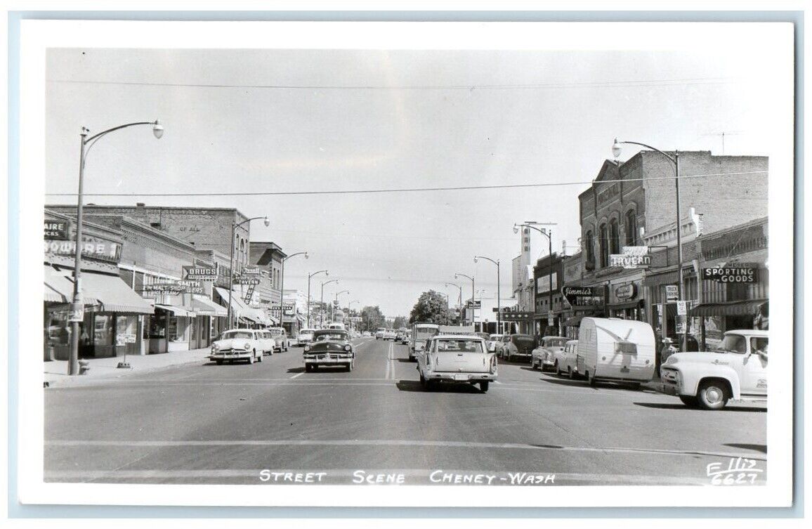 c1950\'s Street Scene Tavern Drug Store Cheney Washington WA  RPPC Photo Postcard