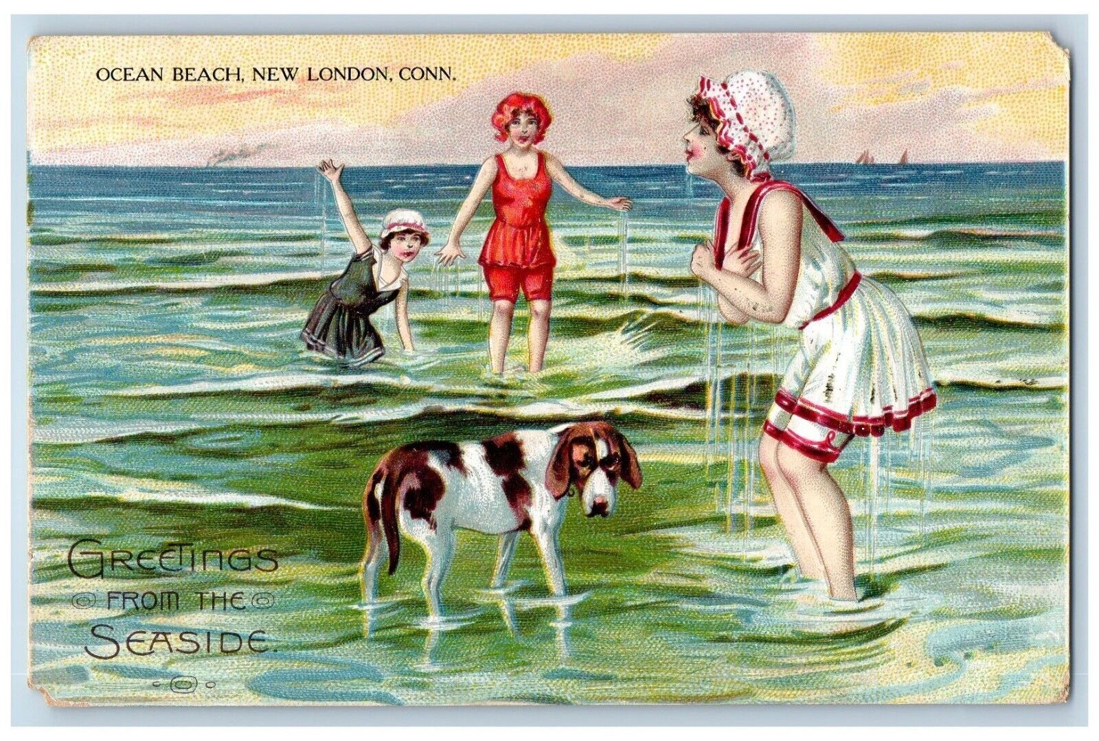 New London Connecticut CT Postcard Greetings From The Seaside Ocean Beach Tuck
