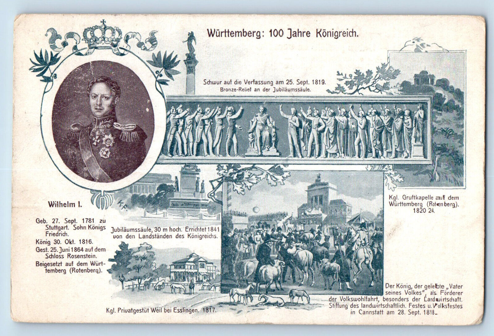 Stuttgart Germany Postcard Wilhelm I Son of King Frederick 1907 Multiview