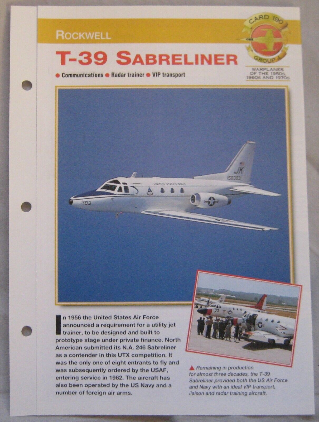 Aircraft of the World Card 190 , Group 4 - Rockwell T-39 Sabreliner