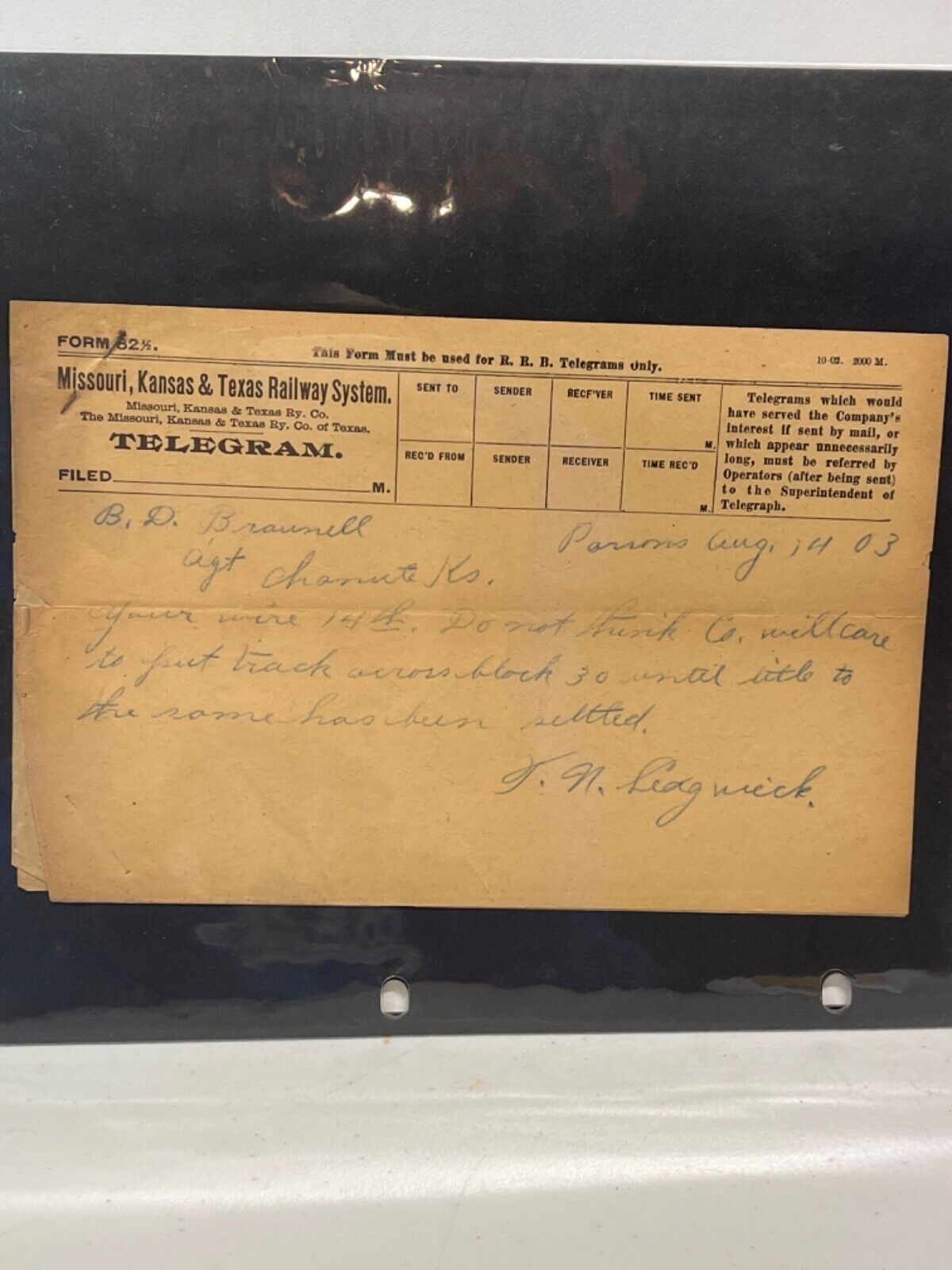 1903 Missouri, Kansas & Texas Railway System Telegram