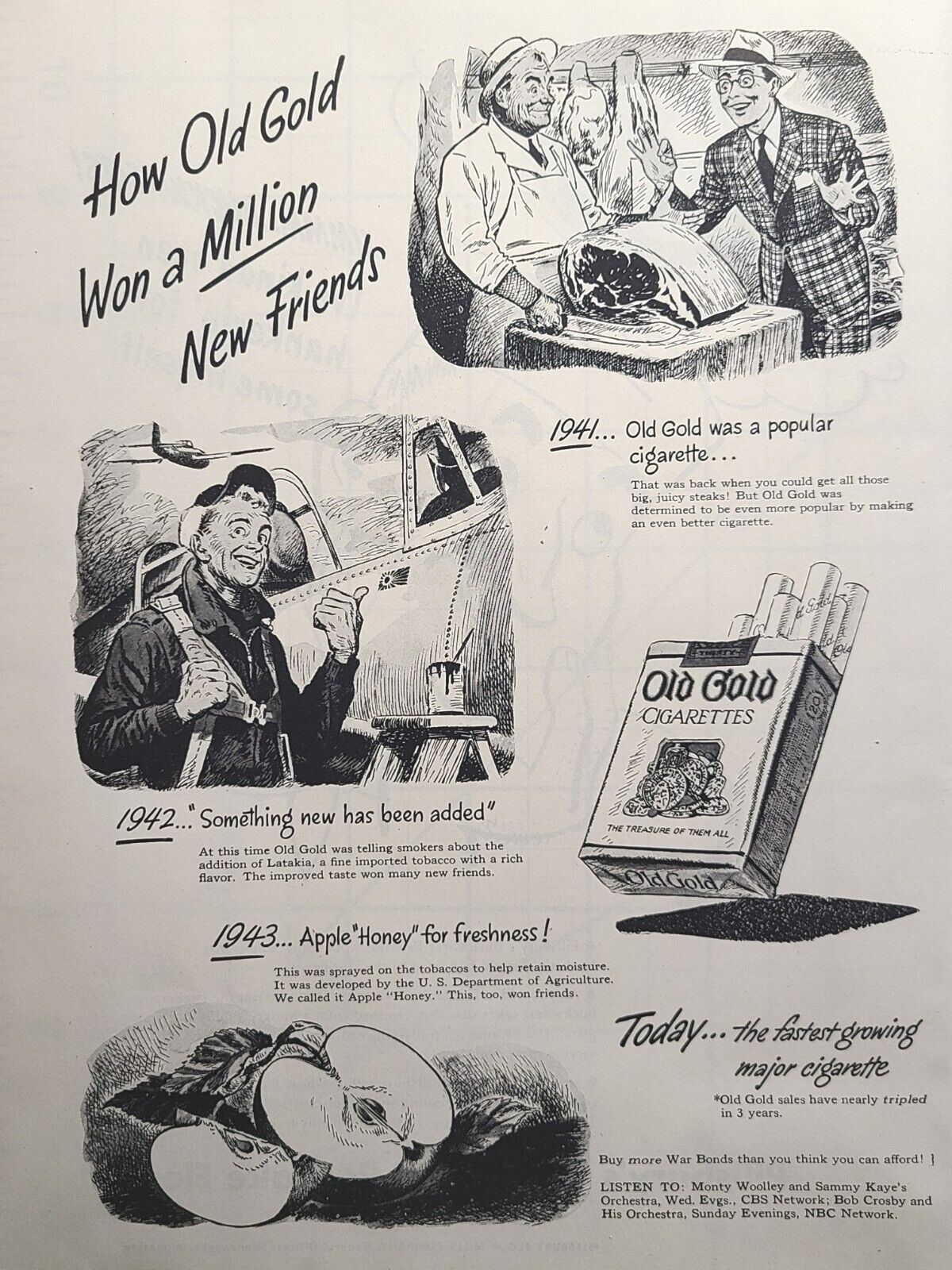 Old Gold Cigarettes Apple Honey Freshness WWII Pilot Plane Vintage Print Ad 1944