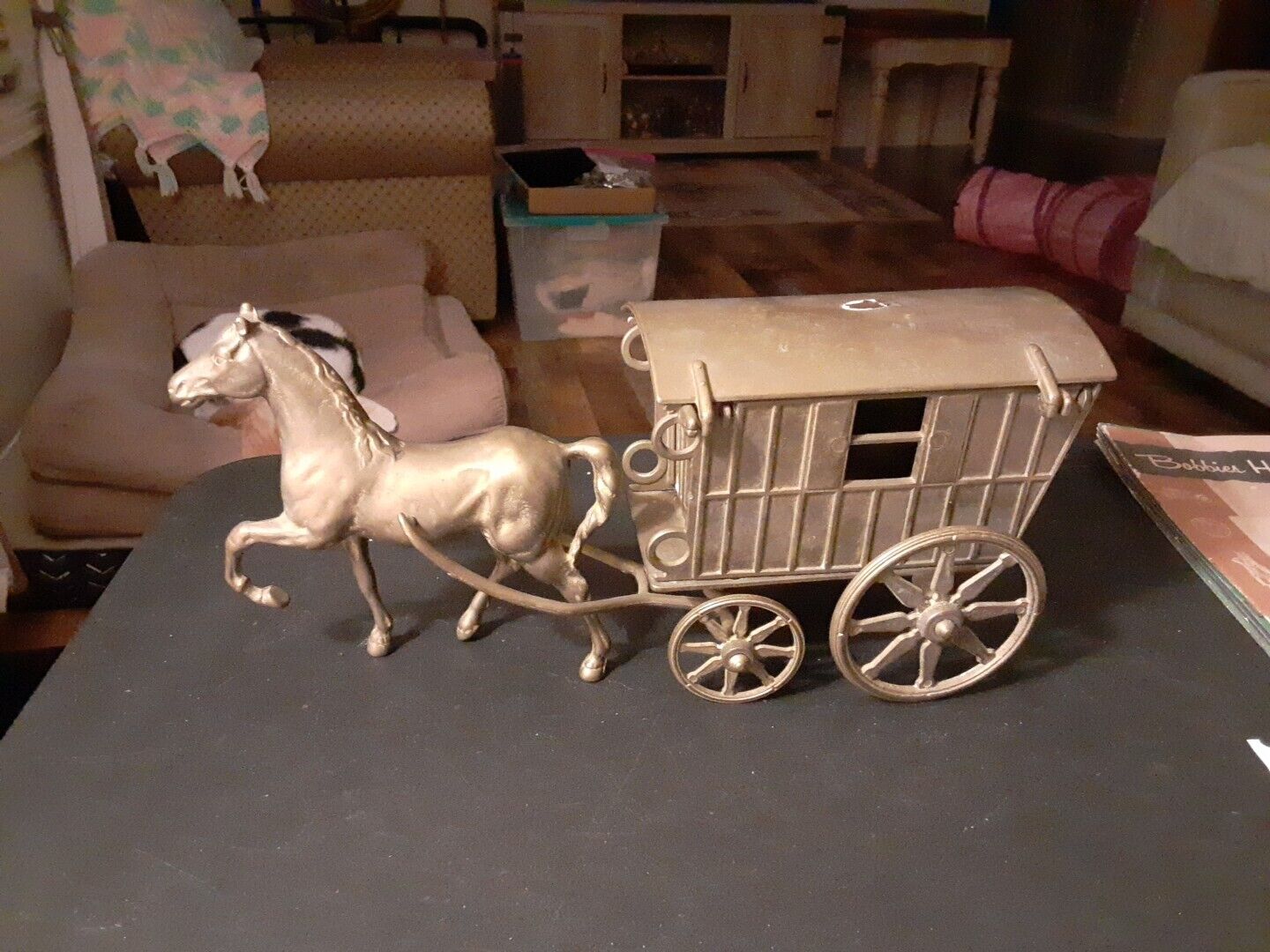Vintage Antique Solid Brass Horse And Caravan Hinged Roof-Has Patina 