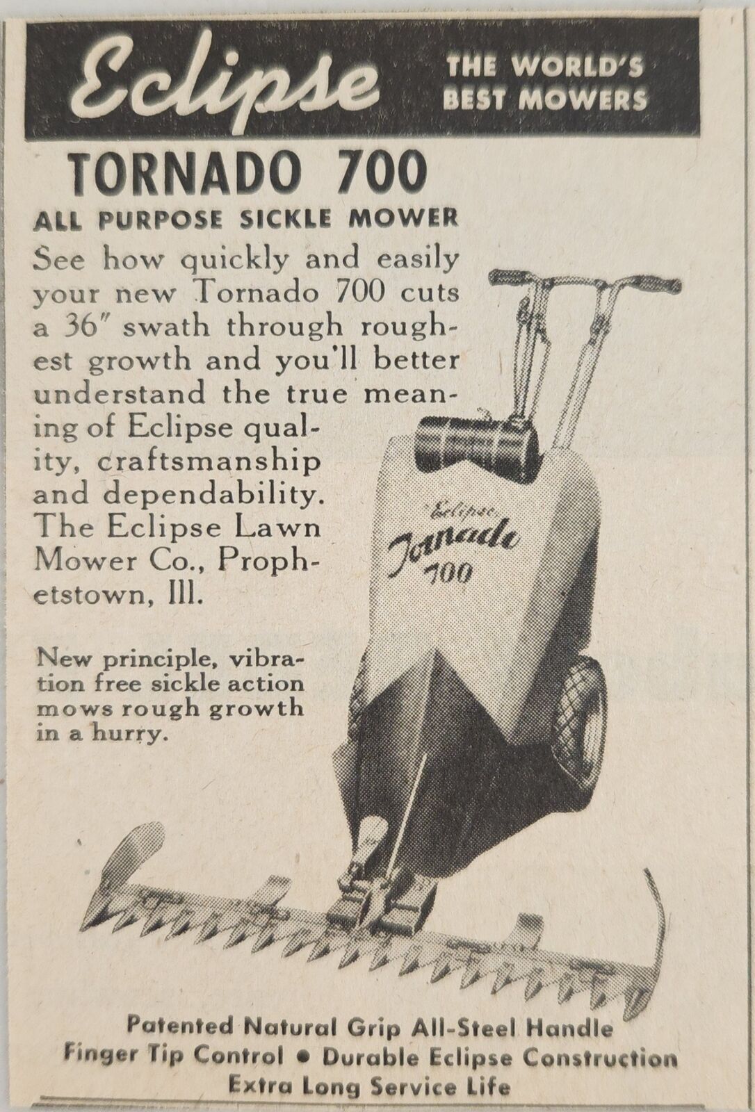 1947 Print Ad Eclipse Tornado 700 All Purpose Sickle Mowers Prophetstown,IL