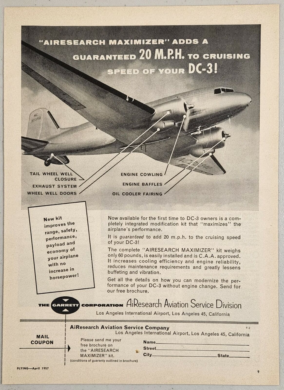 1957 Print Ad Airesearch Maximer Adds 20-MPH to DC-3 Cruising Speed Los Angeles
