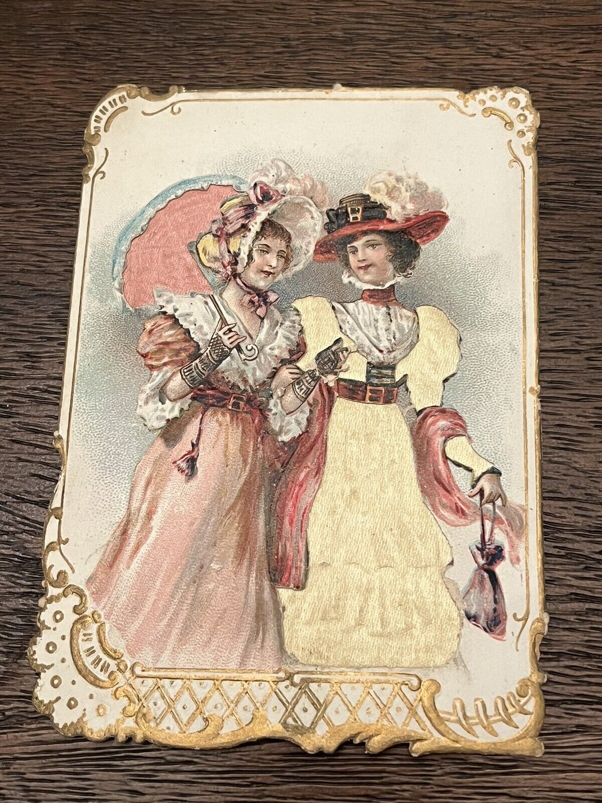 Antique Victorian Die Cut Trade Card *Real Satin Fabric* Two Fancy Women French