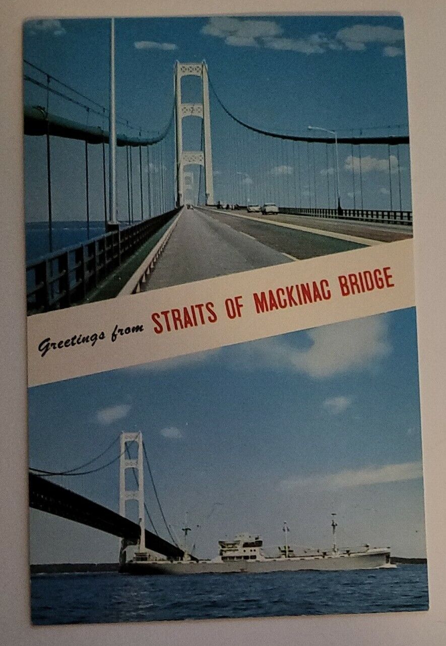 Postcard MI Banner Dual View Greetings From Straits Mackinac Bridge Vintage 