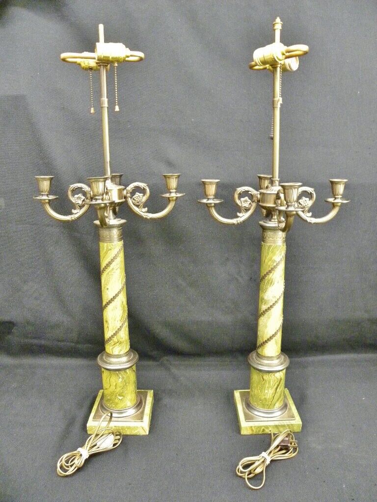 Pair 1940s Empire Neoclassical Column Faux Painted Onyx Candelabra Table Lamps