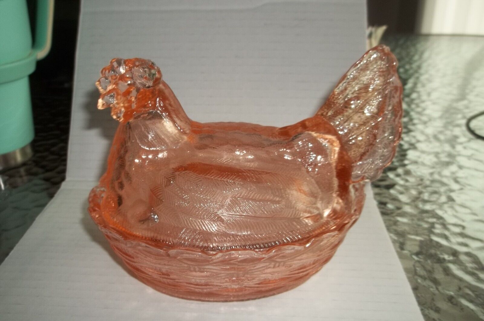 Vintage Large Peach Glass Chicken Hen on Nest - Candy/Nut Dish - Vtg. -Pre-Owned