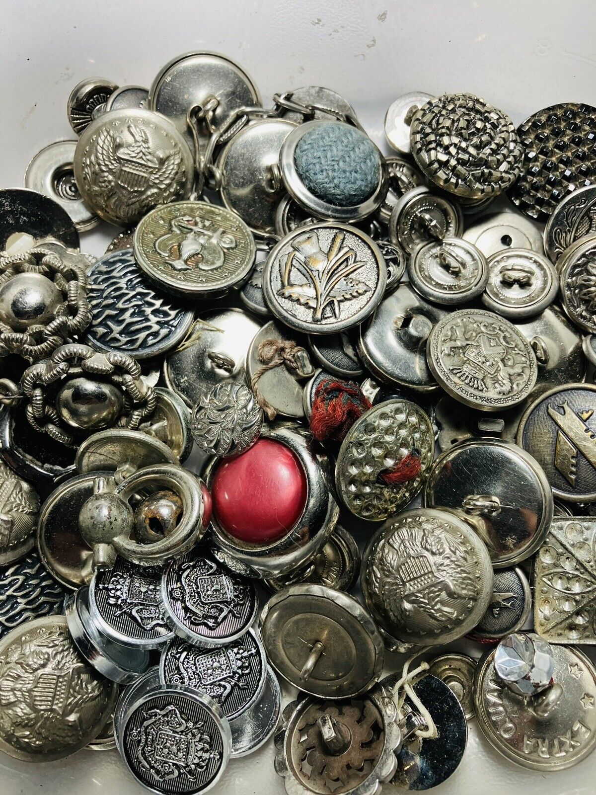 Antique Vintage Large Lot Of Mostly White Metal Buttons Pictures Etc