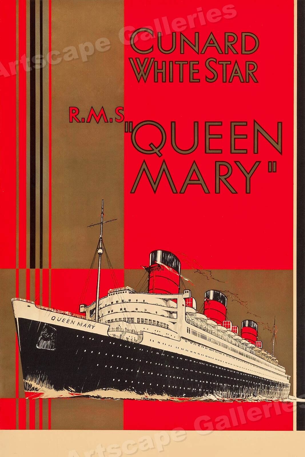 RMS Queen Mary Cunard White Star 1936 Vintage Style Travel Poster - 24x36