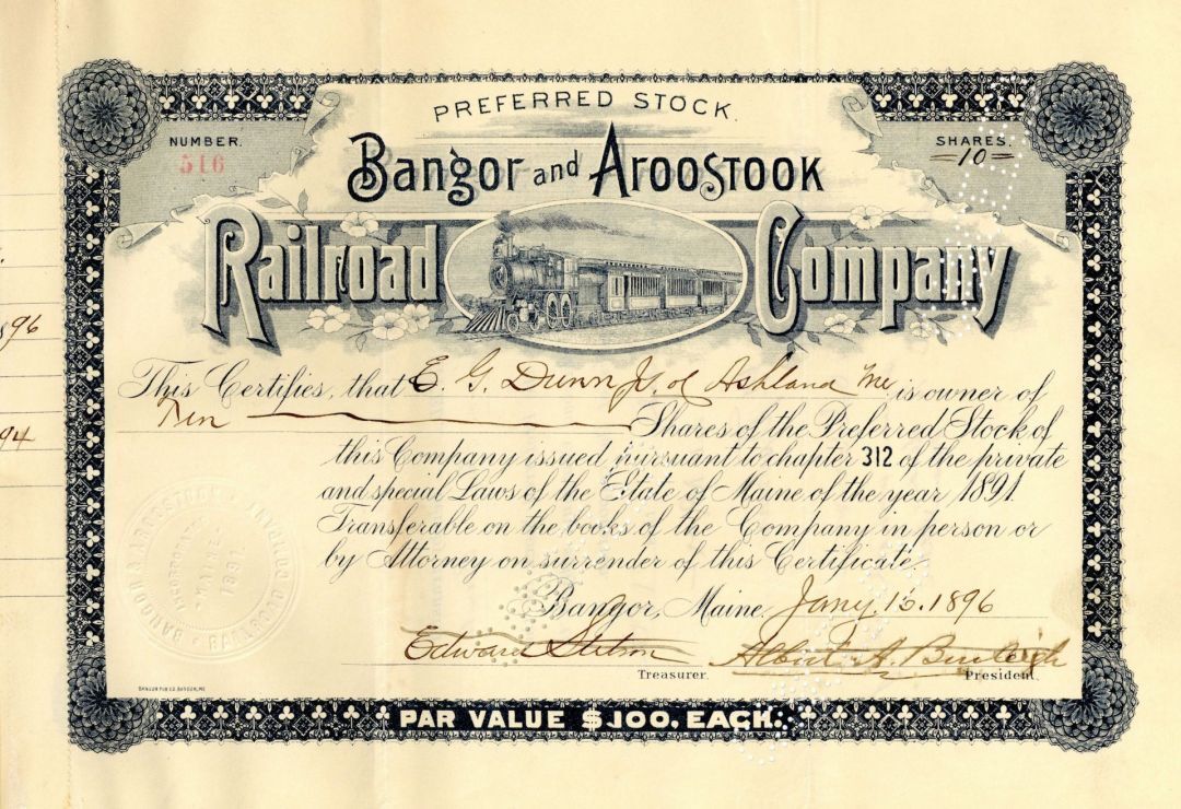 Bangor and Aroostook Railroad Co. - 1896 dated Maine Railway Stock Certificate -