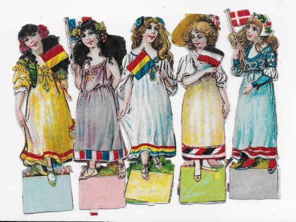 Antique CHROMO de COUPIS French FLAG GIRLS, Victorian Die-Cut Scrap, 3\