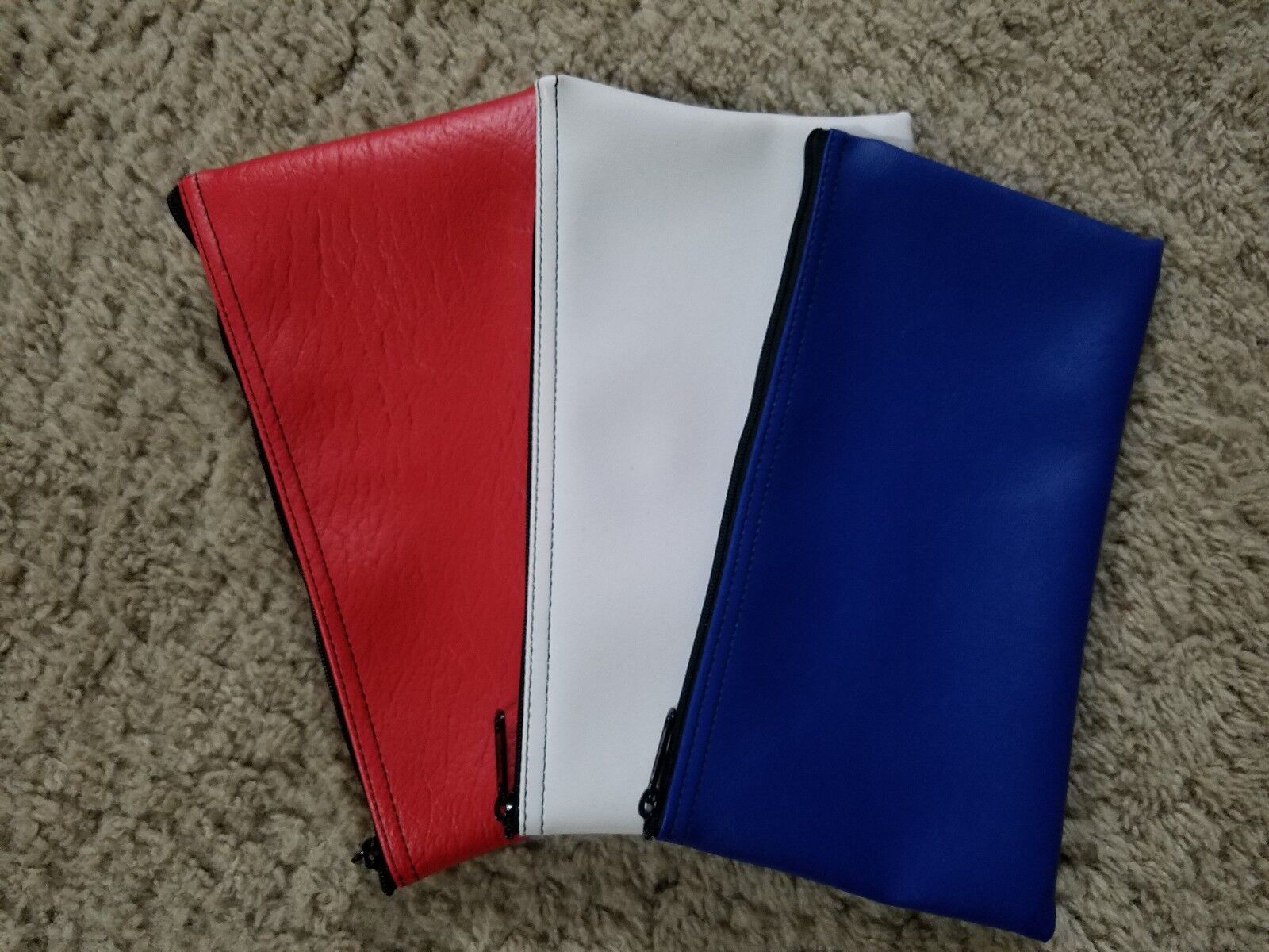6 Pack New ( 2 Red 2 White 2 Blue ) Zippered Vinyl Like Bank Deposit Money Bags