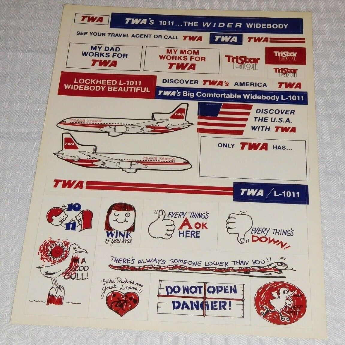 RARE VINTAGE TWA STICKERS PAGE WITH L-1011 TRISTAR AND MORE 