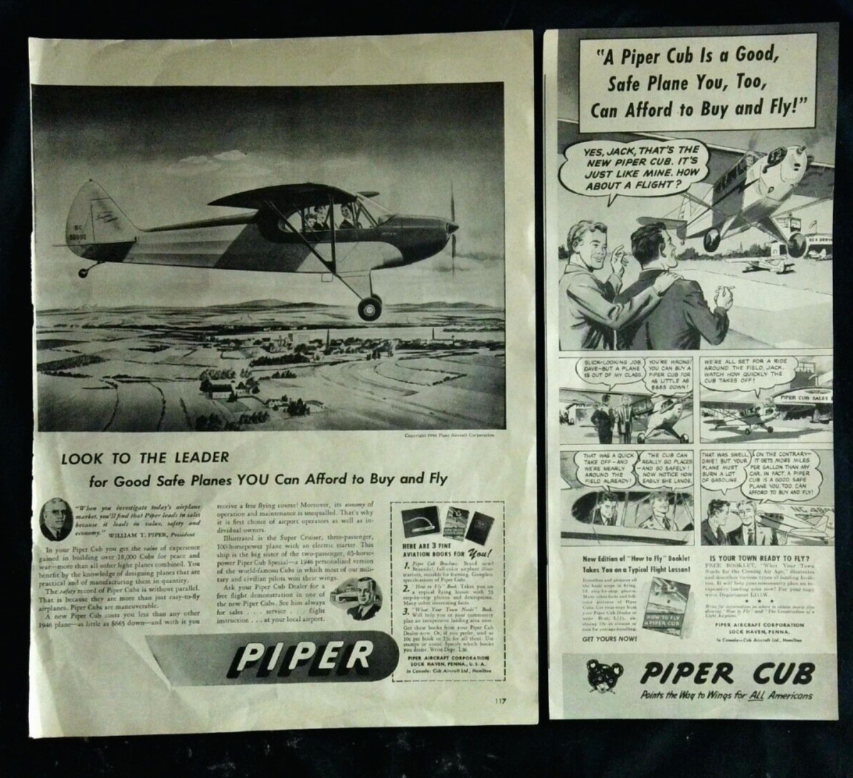 (2) 1946 Piper Cub Airplane Vintage Print Ads You can afford to fly