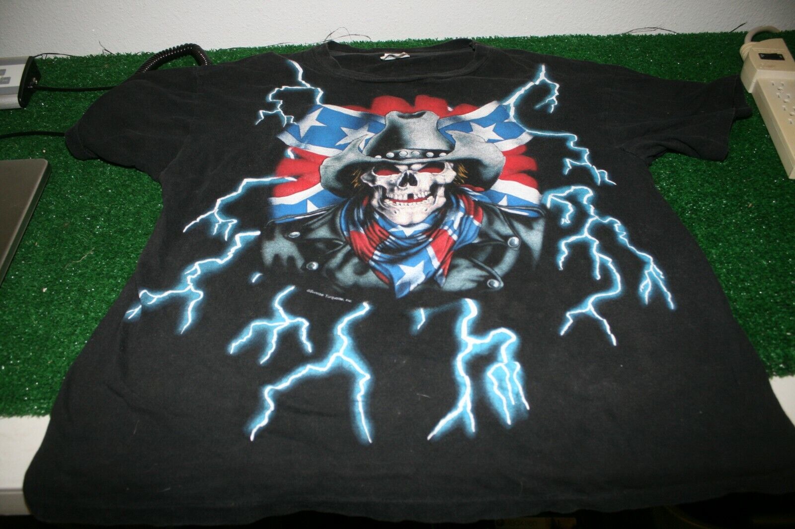 Vintage 1990s American Thunder Cowboy Skull Lightning Biker T-Shirt 2 sided