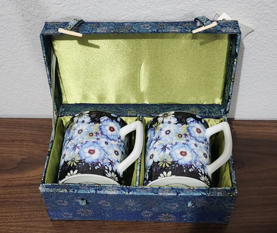 Set of 2 Blue Barnes & Noble Mugs with Blue Floral Silk Box 2006