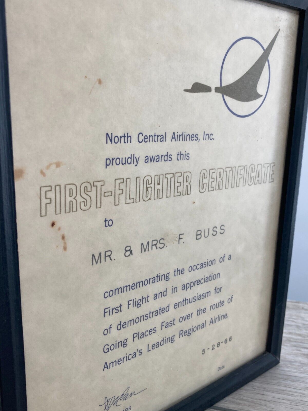 North Central Airlines First Flight Certificate 1966 HN Carr President Document